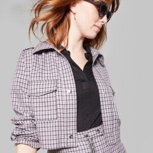 Wild Fable Jacket Plaid Purple Black Cropped Snap Button Down